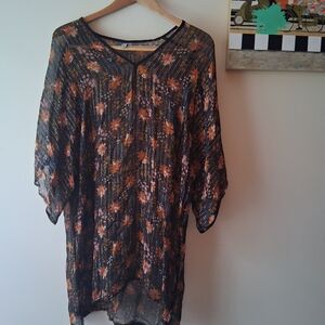 Floral Sheer Women's Dress - Black, Orange, Gold, Small Oversized